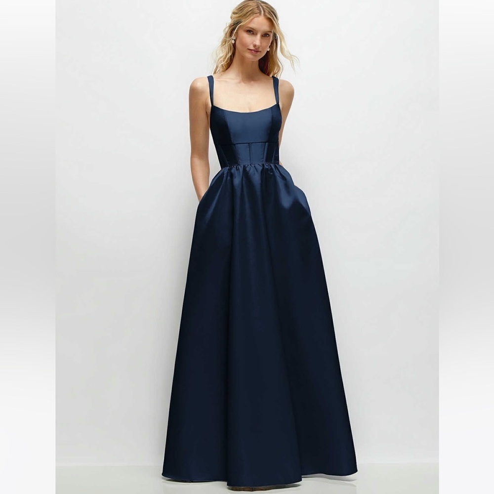 new Dessy Collection Lucinda corset scoop neck saying twill gown midnight navy